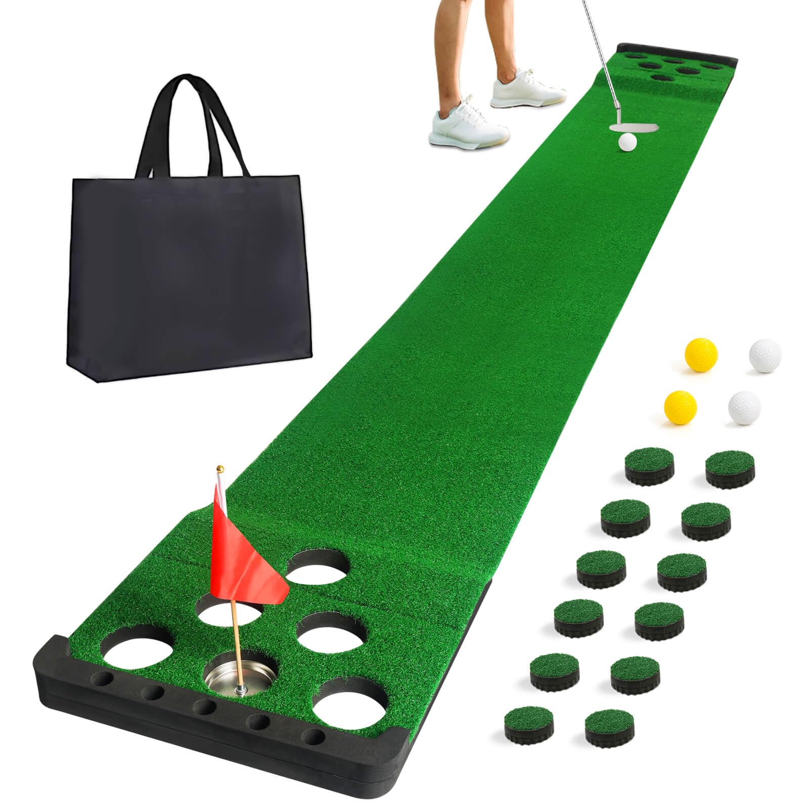Sagsewful Golf Putting Game Set with Front Border for Indoor & Outdoor,Golf Putting Green Mat Include 4 Balls,1 Portable Bag,2 Flags&Cups,Practice