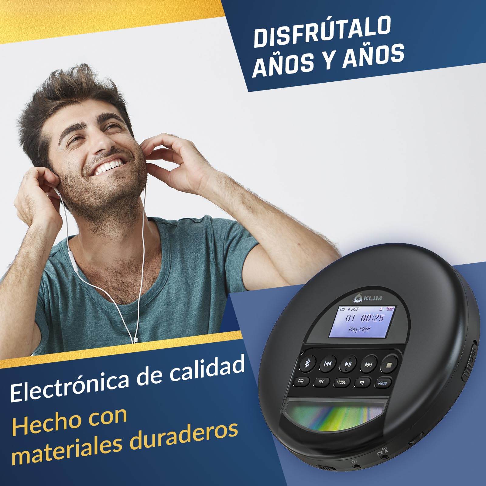 KLIM Nomad - Reproductor CD portatil con batería Interna de Larga duración - Auriculares KLIM Fusion - CD Player Mini Compacto - Radio FM Compatible con CD-R, CD-RW MP3 - Nuevo - Argén