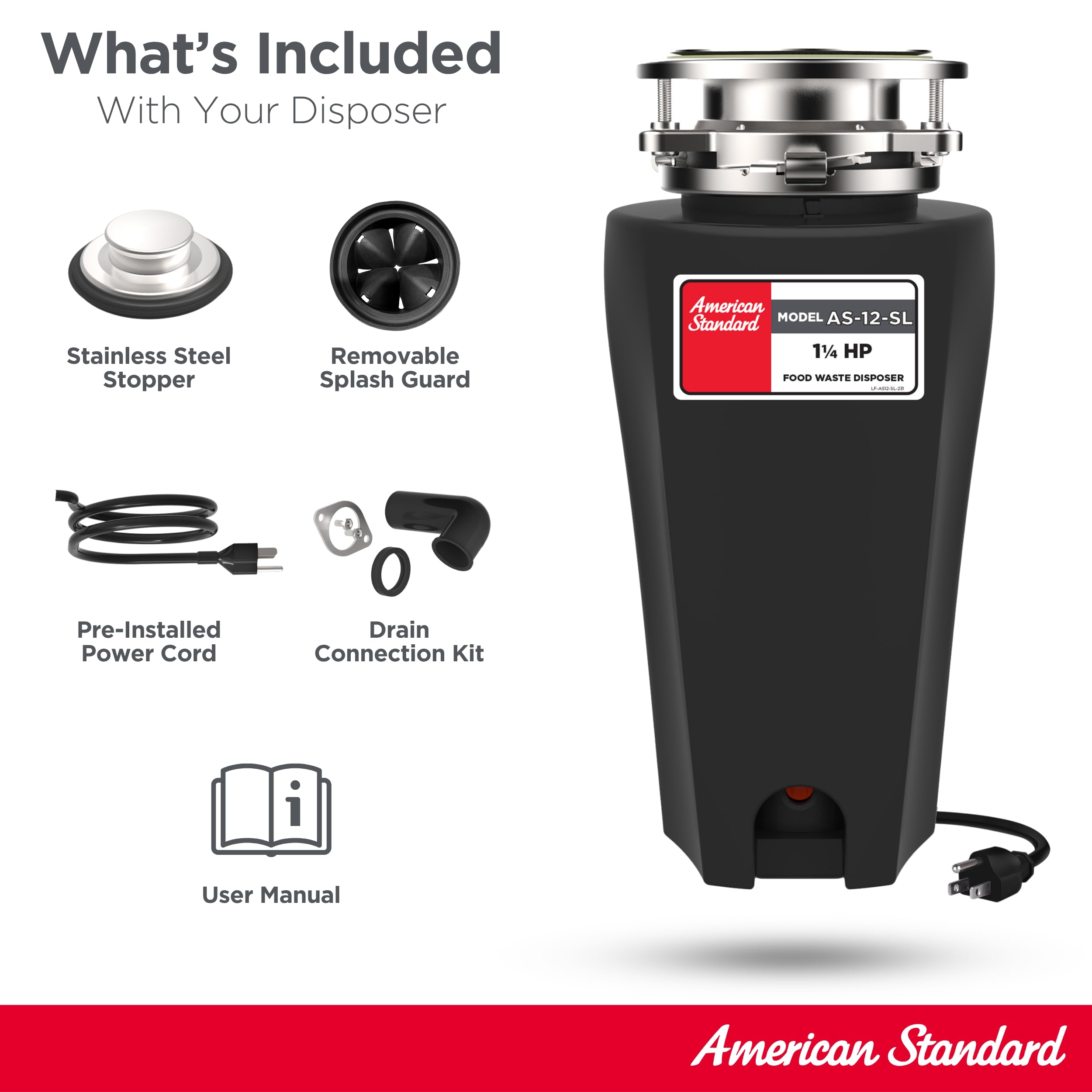 American Standard 10-US-AS-12-SL Triturador de Basura, Negro, 1.25 HP Slim