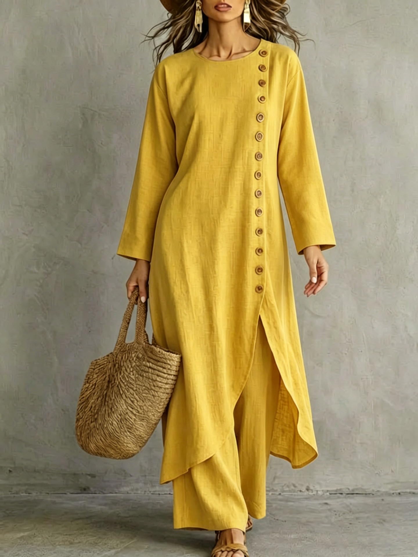 Ensemble Deux Pièces pour Femme : Tunique Longue À Col Rond Et Manches Longues, Fendue Et Boutonnée Sur Le Côté, Pantalon Large. Tenue Décontractée Et Ample Idéale pour Les Vacances