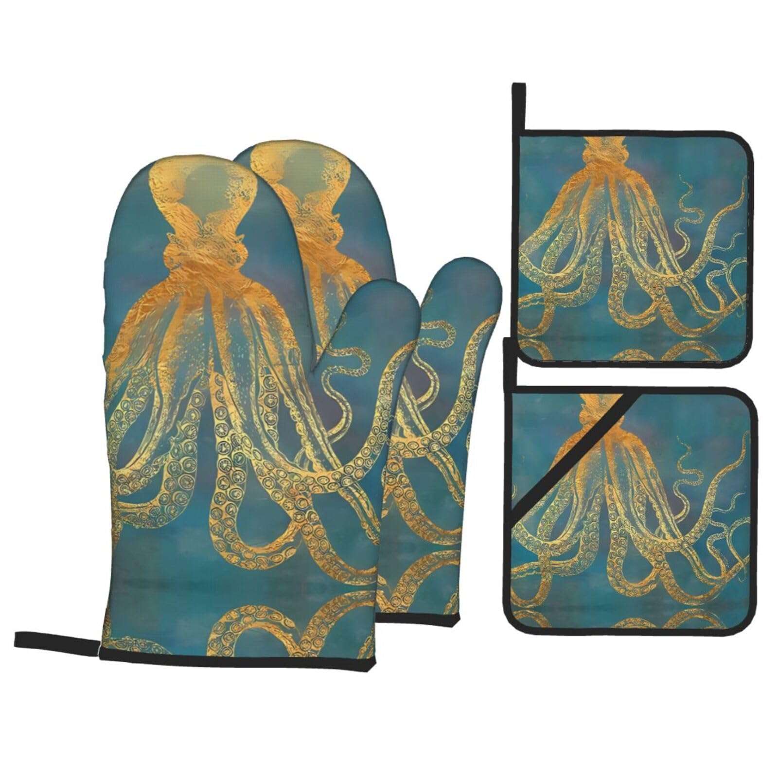 HJFCZH Golden Octopus Prints Kitchen Covers: Waterproof Oven Layers for Safe Cooking & Easy Cleanup - 4 Piece Heat Protection Set