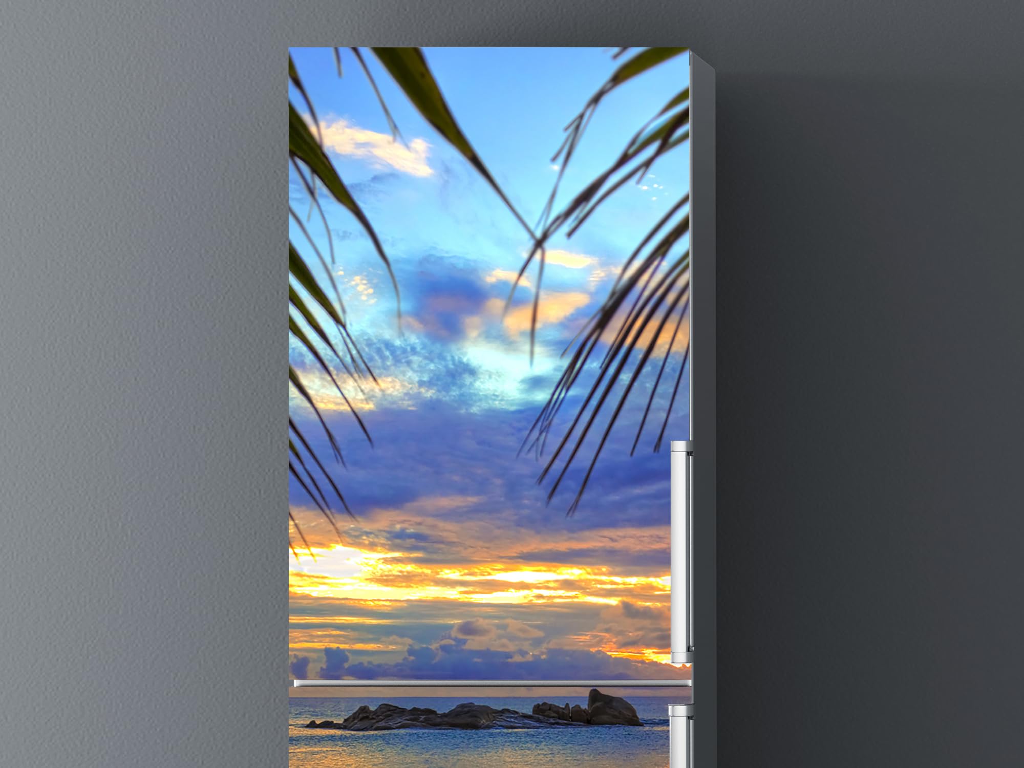 Oedim Vinile Frigorifero Crepuscolo in Spiaggia Tropicale, Vinile Premium, 200 x 70 cm | Adesivo resistente e di facile applicazione | Adesivi per frigorifero economici ed eleganti | Vinile