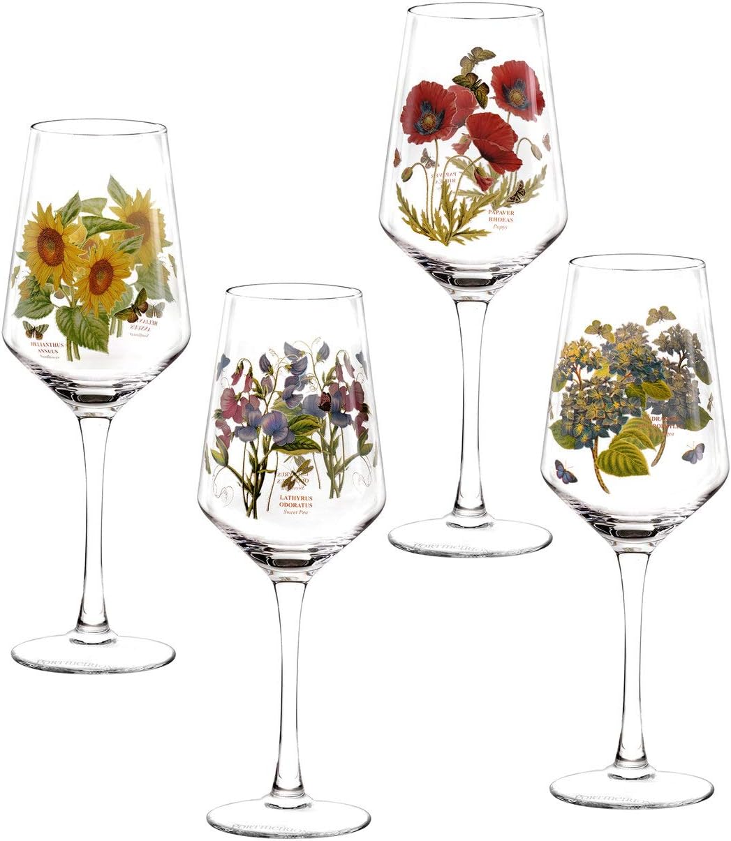 Portmeirion Botanic Garden Wine Glasses | Set of 4 Stemmed Wine Glasses | Ideal for White Wine, Red Wine, or Cocktails | 16 Oz Wine Glasses with Assorted Motifs