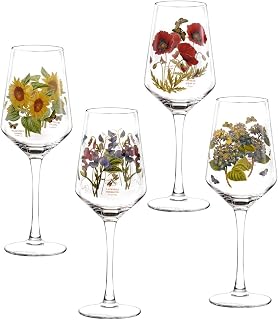 Portmeirion Botanic Garden 16oz Stemmed Wine Glass (Set of 4) - Assorted Floral Motifs - Elegant Glassware for Weddings, Home Bars, Special Events, Wine-Tasting Occasions - Vintage Wine Glasses