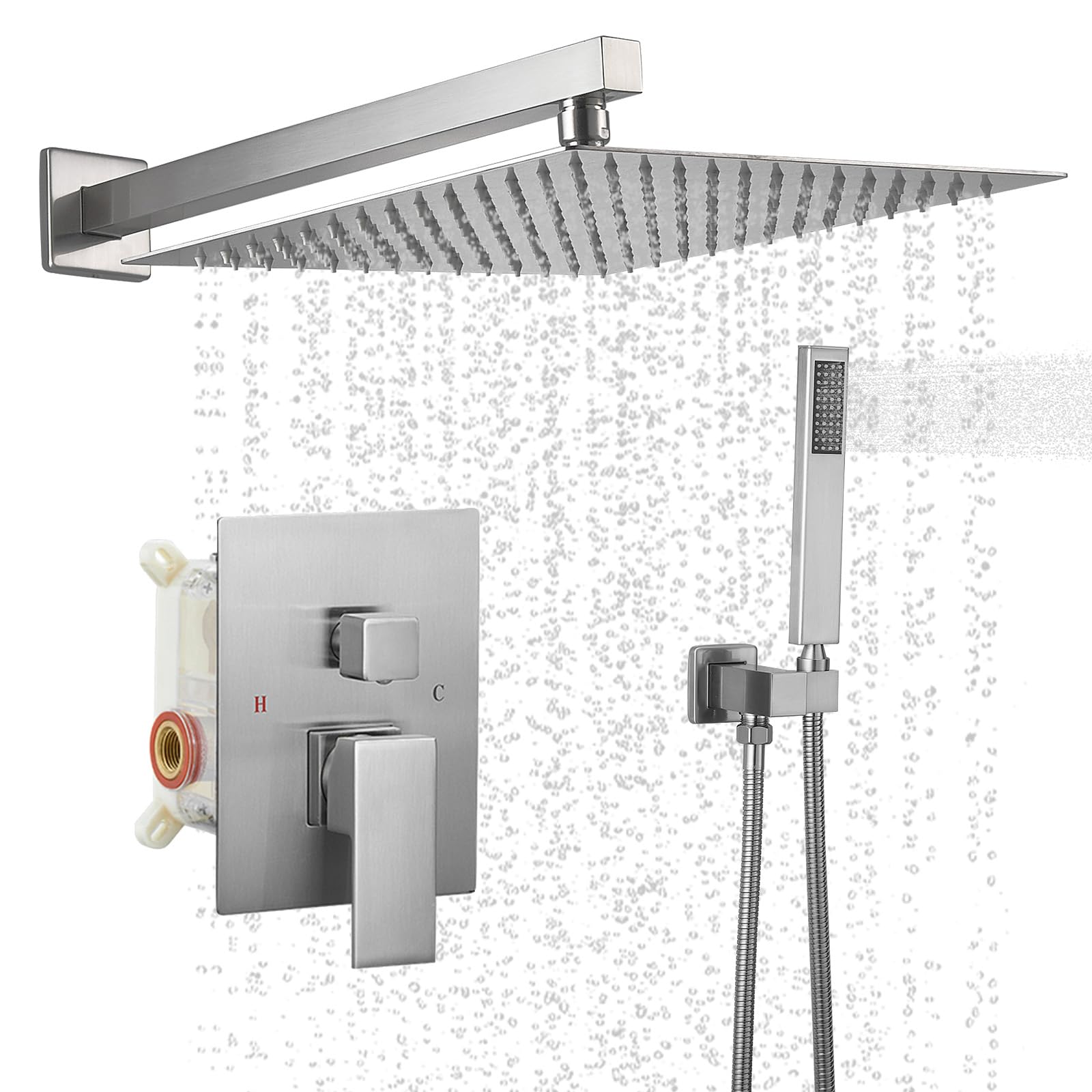 BWE 12 Inch Square Shower Head System 2-Functions Bathroom Luxury Rain Mixer Shower Combo Set Wall Mounted Rainfall Brushed Nickel Shower Faucet Rough-in Valve Body and Trim Included