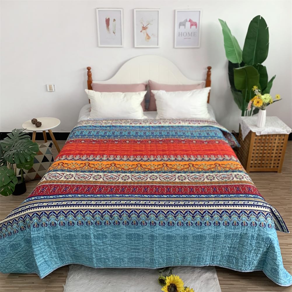 Morbuy Leggero Copriletto per Matrimoniale e Singolo, Copriletto Trapuntato in Microfibra con 2 Federe, Copriletti per Primavera, Estate, Autunno e Inverno (220x240cm,Stile Boho)