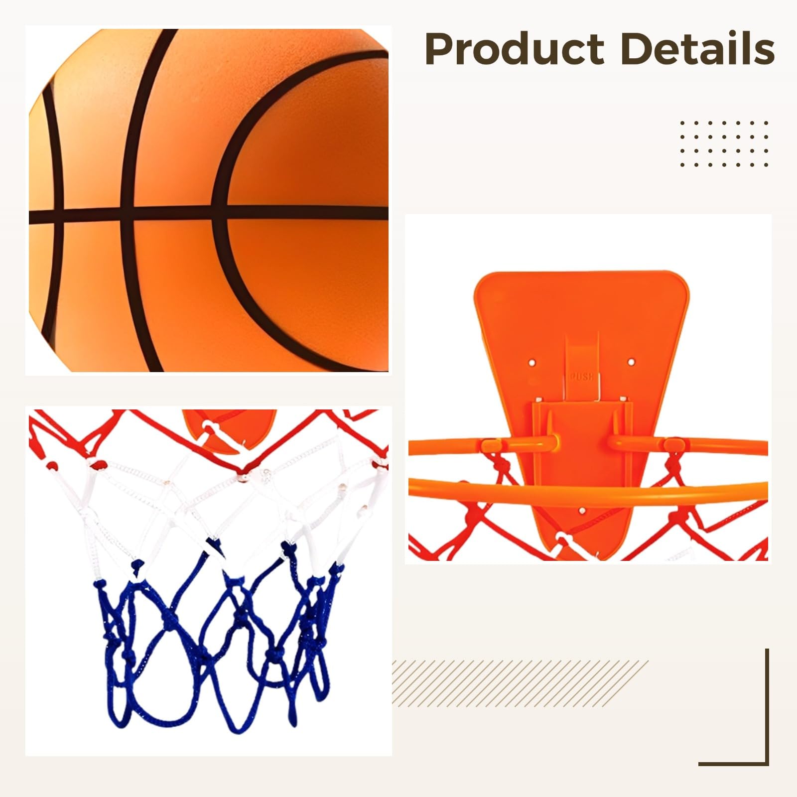 PONDON Balón de baloncesto silencioso de espuma suave, 7 rayas naranjas con borde y red para el hogar, sin ruido, pelota de regate interior, material de poliuretano para jugadores jóvenes