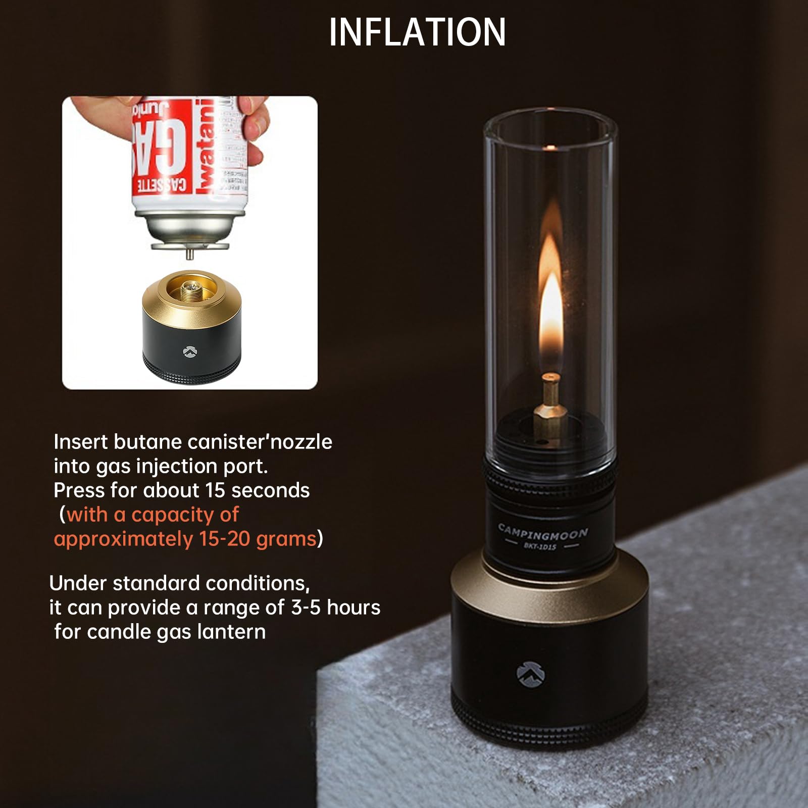 Campingmoon BKT-1D15 - Lampe à gaz portable - Pour extérieur, tente, bougie