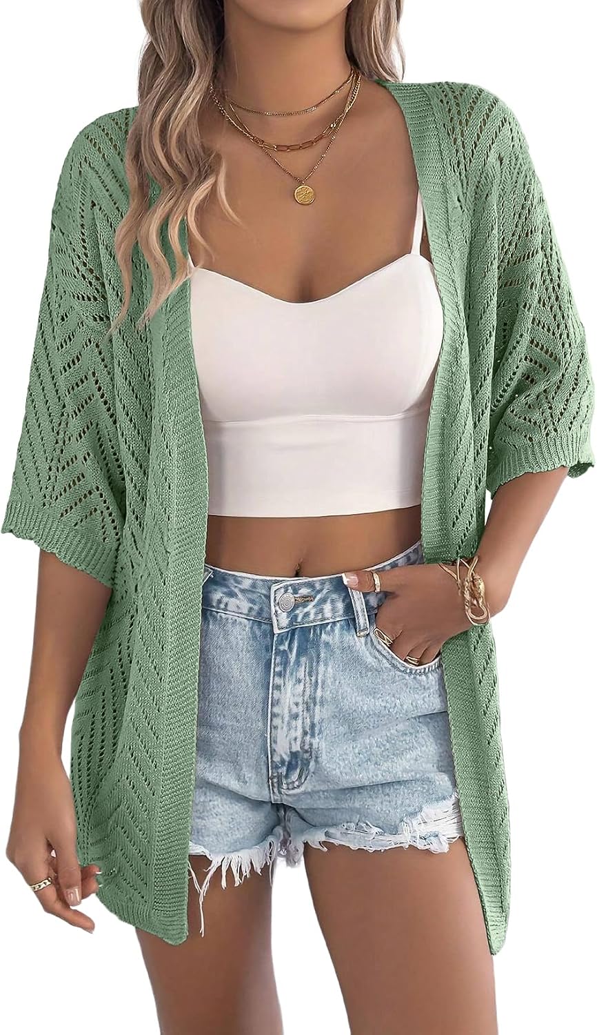 EVALESS Women's Crochet Knit Cardigan Sweaters Short Sleeve Open Front Kimonos Boho Cardigans Tops Lightweight Vacation