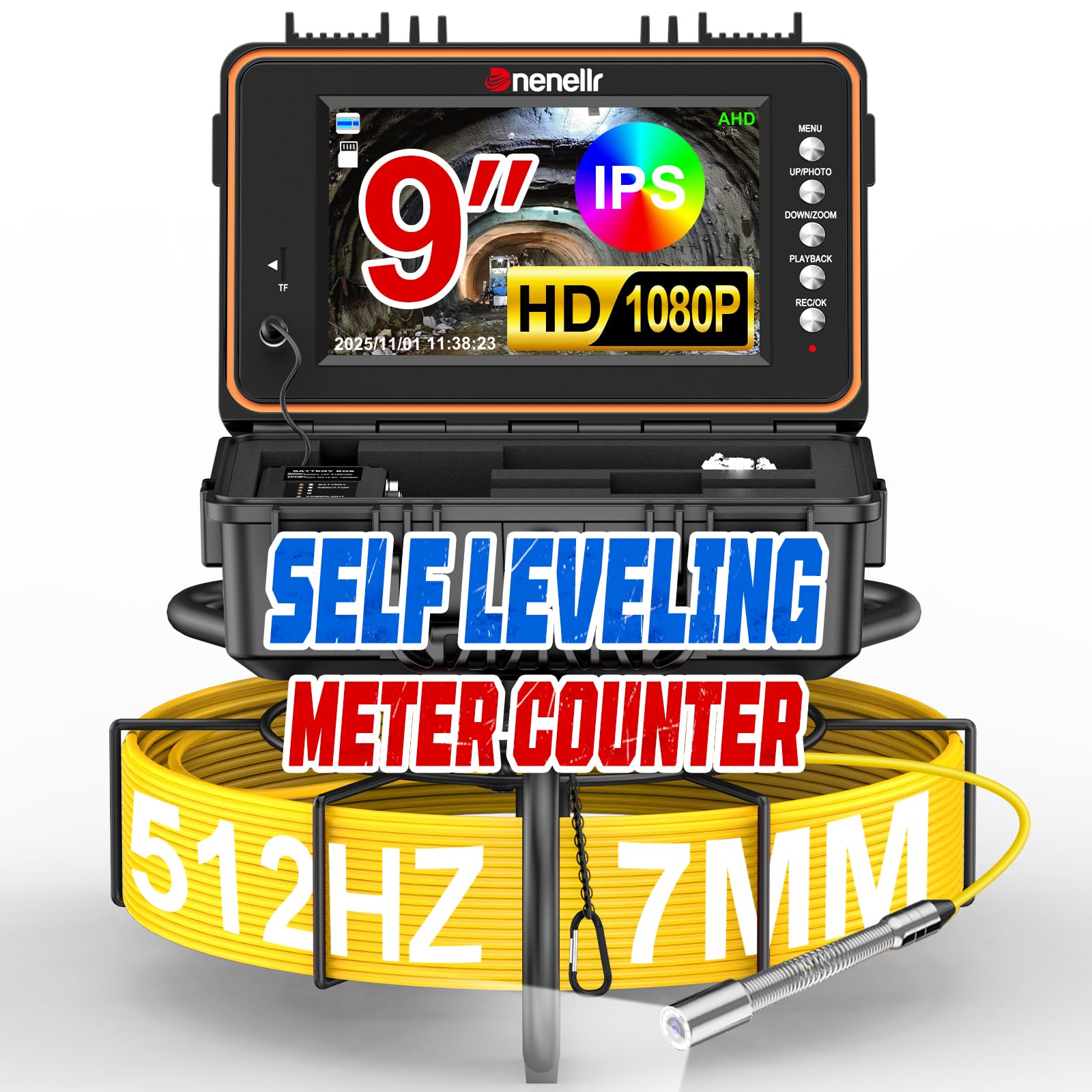 Rohrkamera 20M mit Licht Wasserdicht | 512 Hz, 1080P Kanalkamera Inspektionskamera mit Selbstnivellierung, 9" IPS Farbmonitor, DVR, für Kanalisation und Poolabläufe