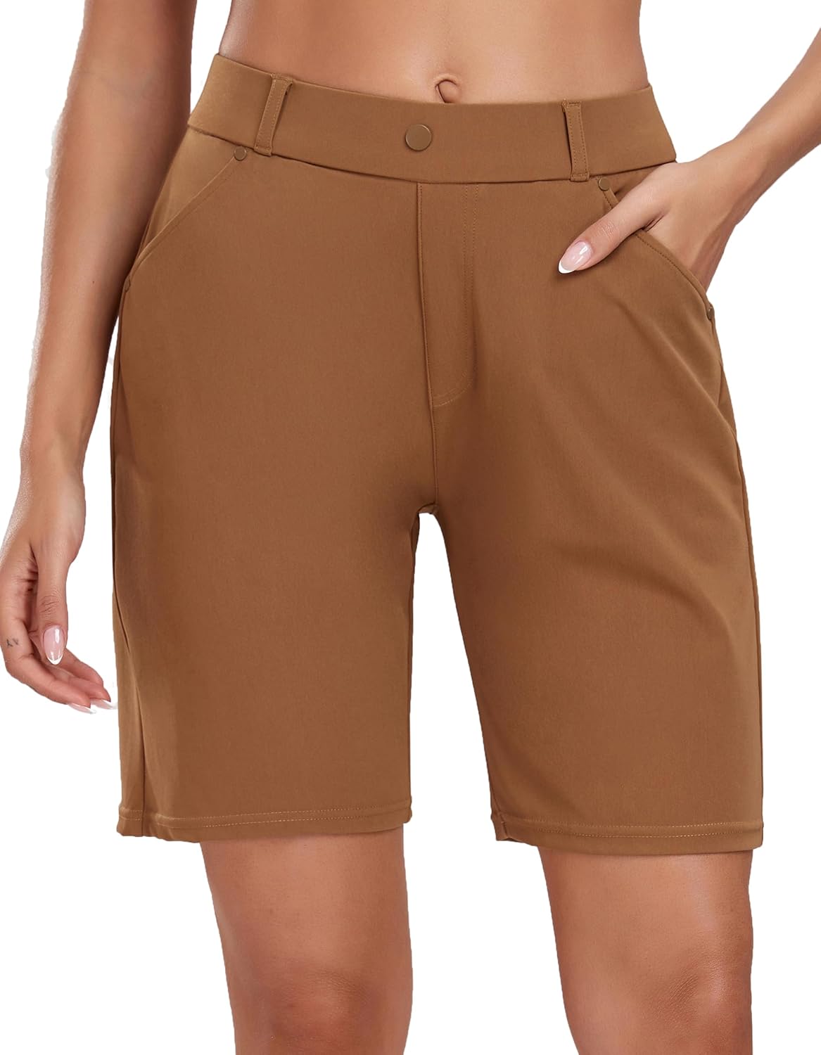 Oalka Women's Bermuda Shorts Work Casual 8" Stretchy Golf Walking Shorts Knee Length