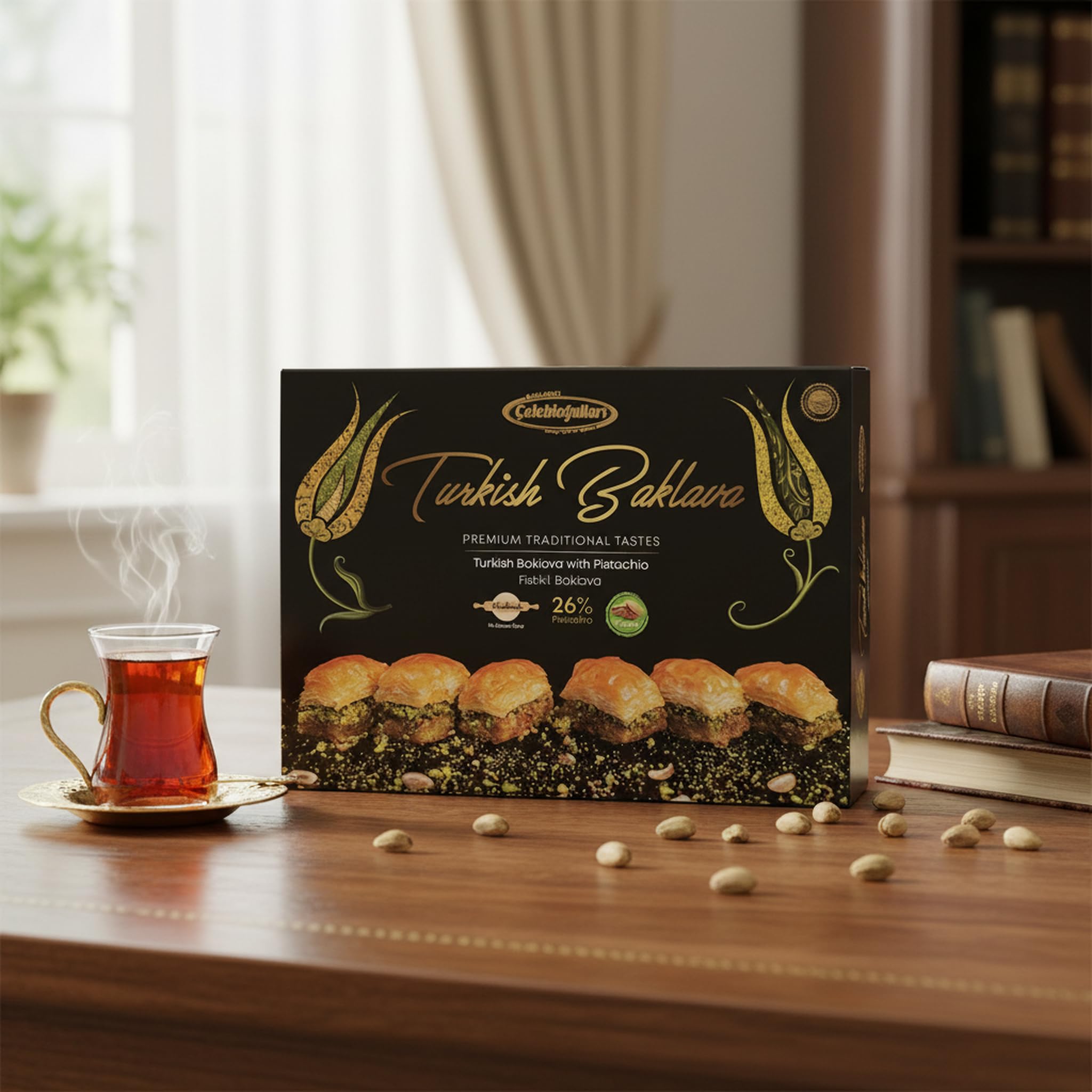 Baklavacı Çelebioğulları Baklava Turc à la Pistache – 500 g (1,1 lb) Pâtisserie Traditionnelle Faite Main – 26% Pistache – Sans Sirop de Glucose – Halal – Coffret Dessert Méditerranéen Cadeau