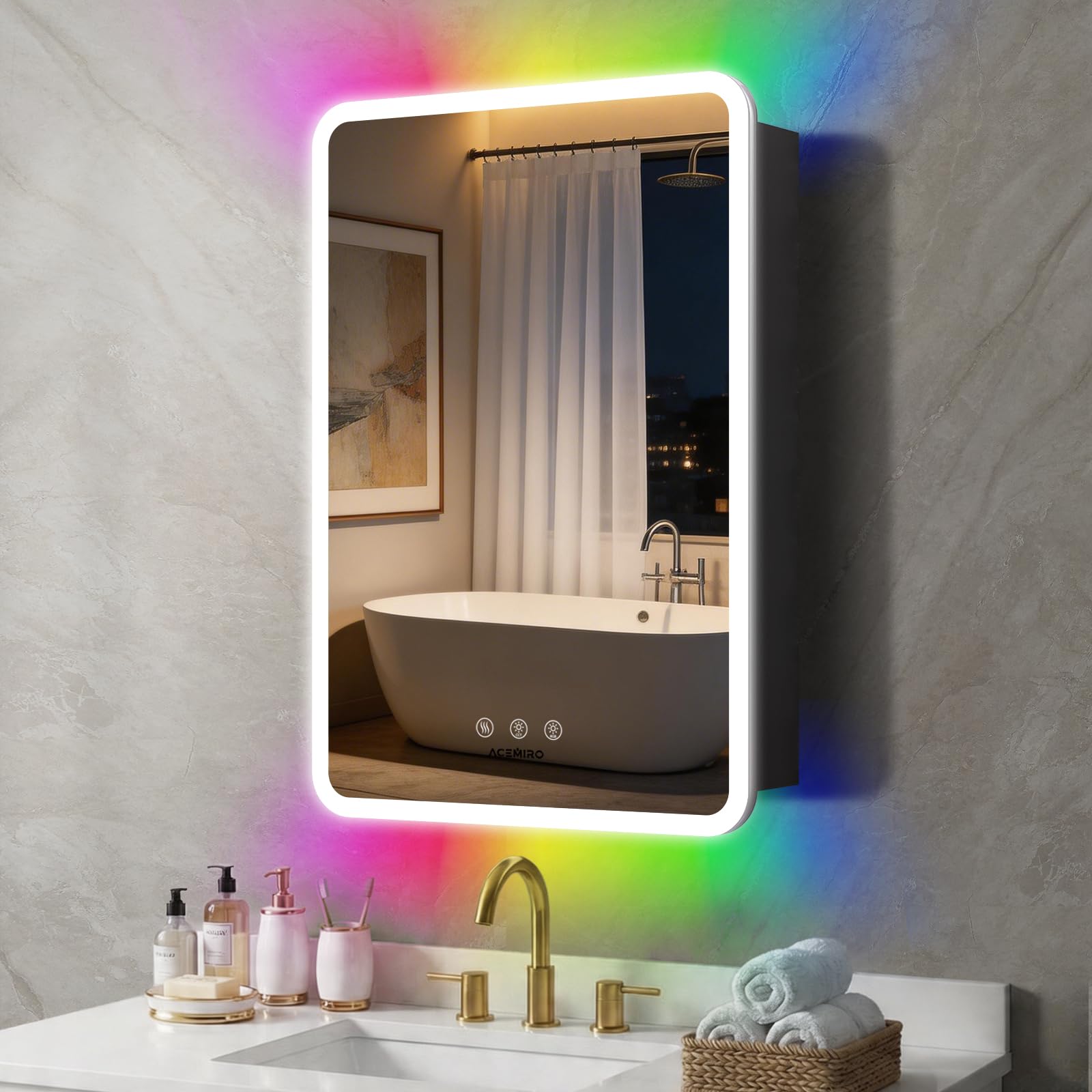 Photo 1 of ACEMIRO 20×32 Inch Lighted Medicine Cabinet with Mirror, LED Medicine Cabinet with RGB Lights, Multicolor Backlit Mirror with Adjustable Front Lighted, Defogger, Memory Function, Surface Mount