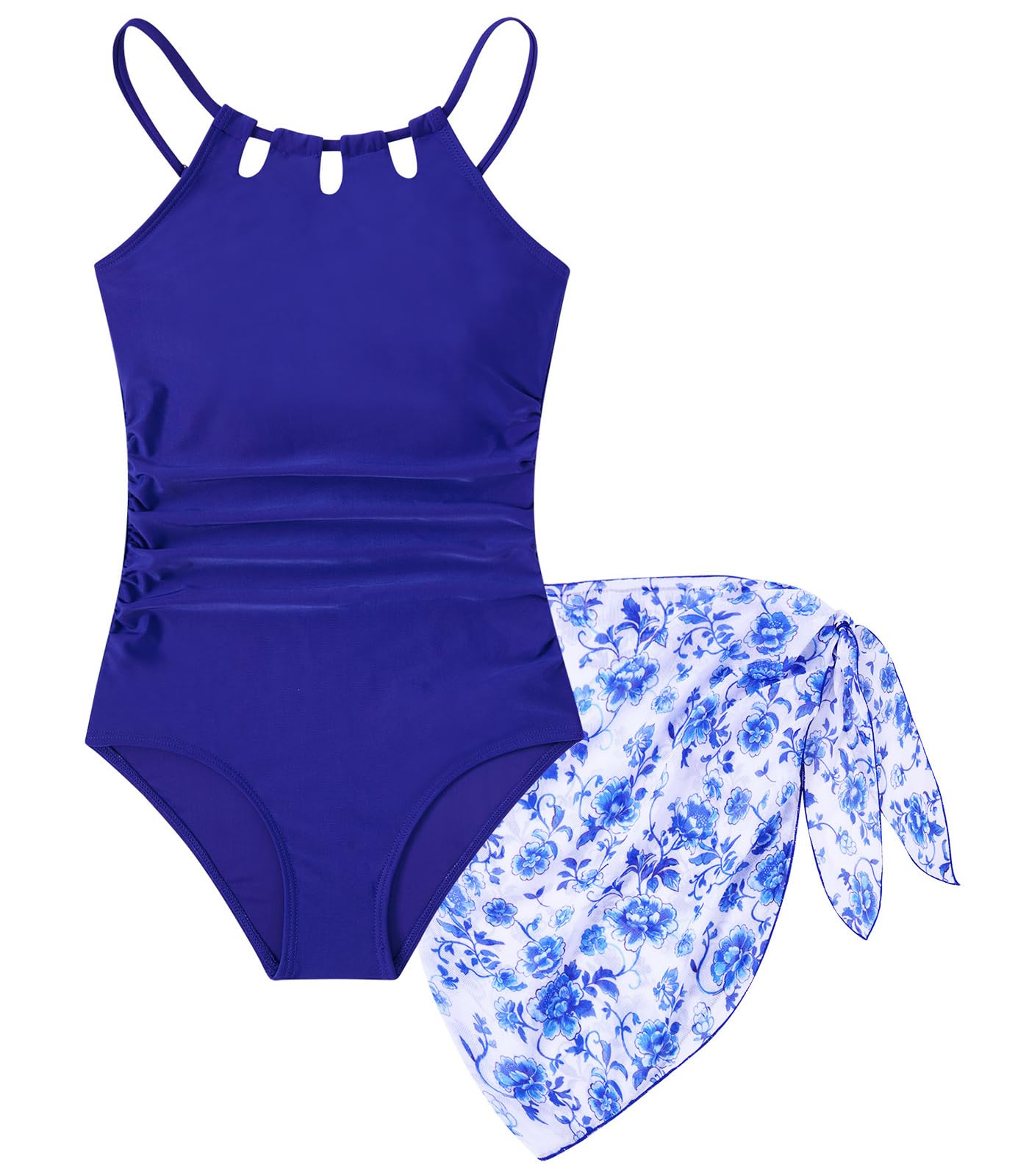 Girls One-Piece Swimsuit Bathing Suit with Cover Ups Size 7-16 | Adjustable spaghetti straps,Cut-out design, Removable chest pads, Swimwear for the beach, swimming pool, Hawaiian vacation