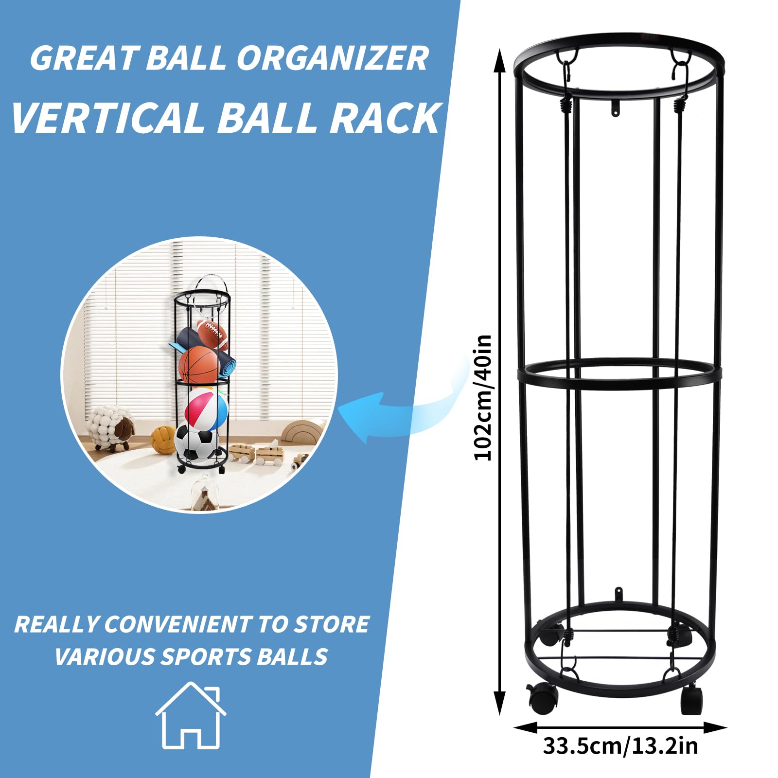 Verticale Support Ballon Basket, Organiseur d'Équipement de Sport, Support Ballon Foot, Rangement Ballon en Métal, Rangement pour Basketball, Football, Volleyball, 33.5 x 33.5 x 102 cm
