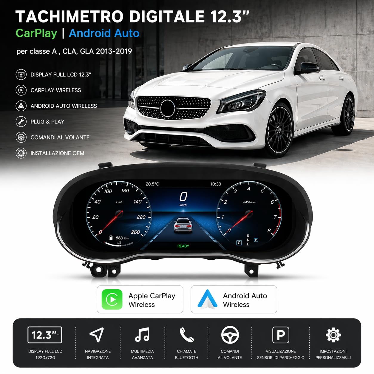 VIBEX Quadro Strumenti Tachimetro Digitale 12.3" per Mercedes Classe A W176 CLA C117 GLA X156 2013-2019 Apple CarPlay Android Auto Wireless Navigazione Plug & Play Installazione OEM
