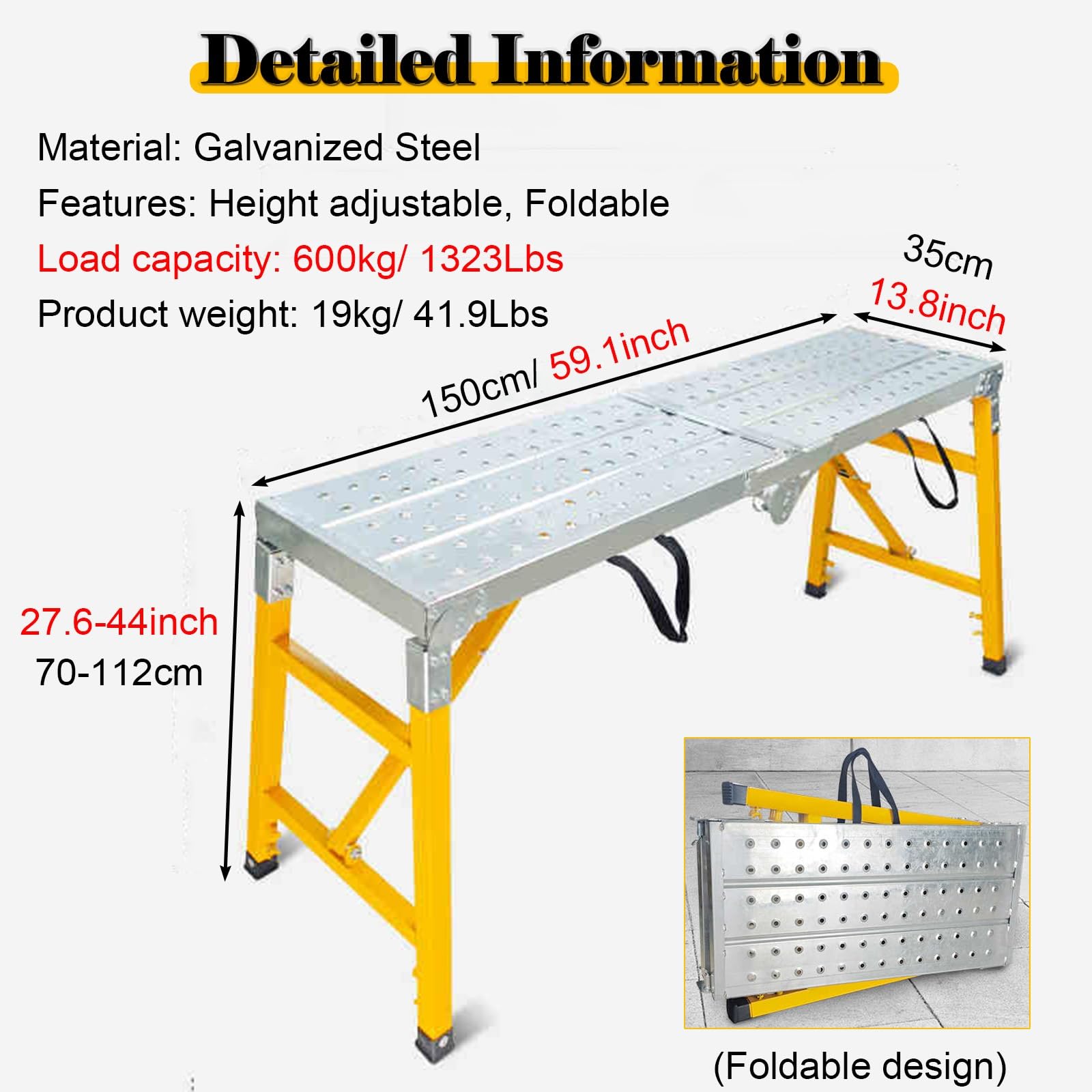 andamio Plataforma de Andamio con Agujero Antideslizante, Plataforma de Trabajo Little Giant de Altura Ajustable, Andamios Plegables para Pintar Paredes/Pintar Murales/Limpieza de VR(1.5M (59.1inch))
