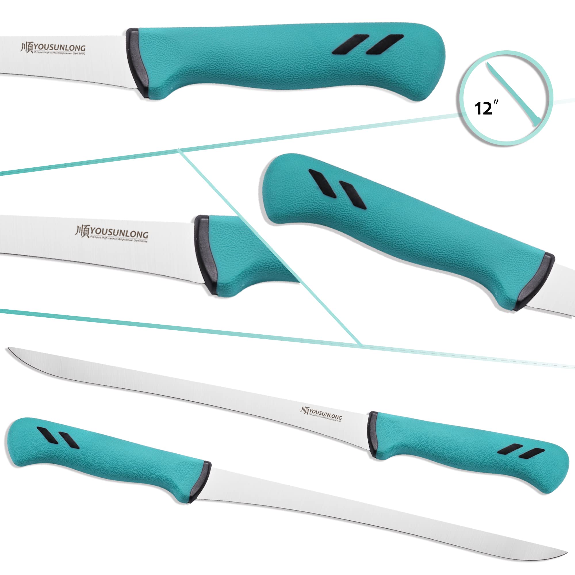 YOUSUNLONG Aufschnittmesser Schinkenmesser – 12 Zoll (305 mm) – Super scharf – Edelstahl mit hohem Kohlenstoffgehalt – Fleisch- und Schinkenschneider – gebogene, flexible Klinge…