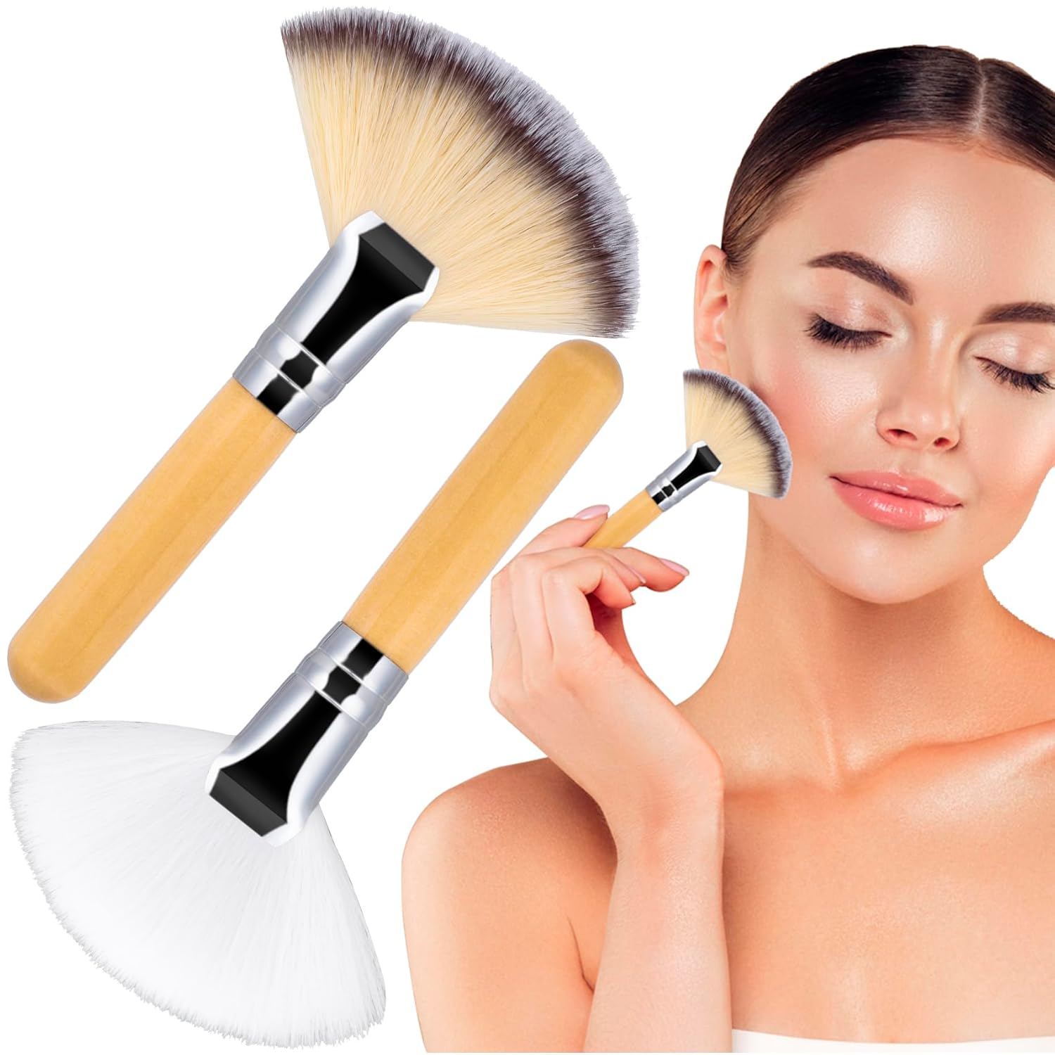 2pcs Facial Fan Brushes, Soft Facial Mask Applicator Tools, Esthetician Cosmetic Brush for Women Makeup Peel Powder Blush Face Highlighting- White & Brown