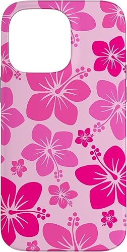 Funda para iPhone 14 Pro Max con flores hawaianas tropicales de hibisco rosa