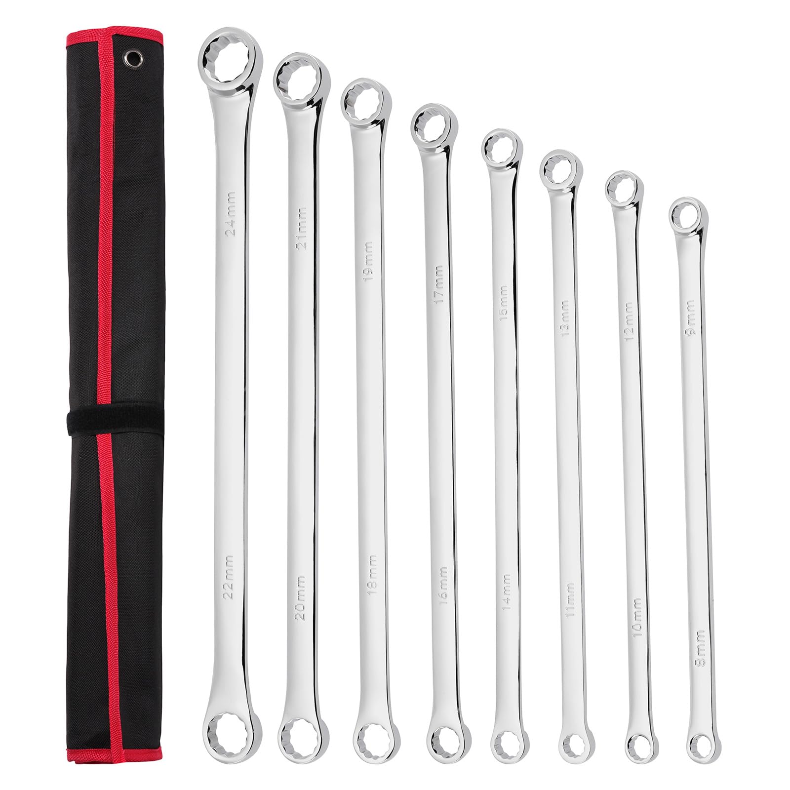 Mayouko 8 PCS Extra Long Spanner Set, Long Double Ring Single Gear Ratchet Spanner Wrench Set, 8mm-24mm，12-Point, CR-V