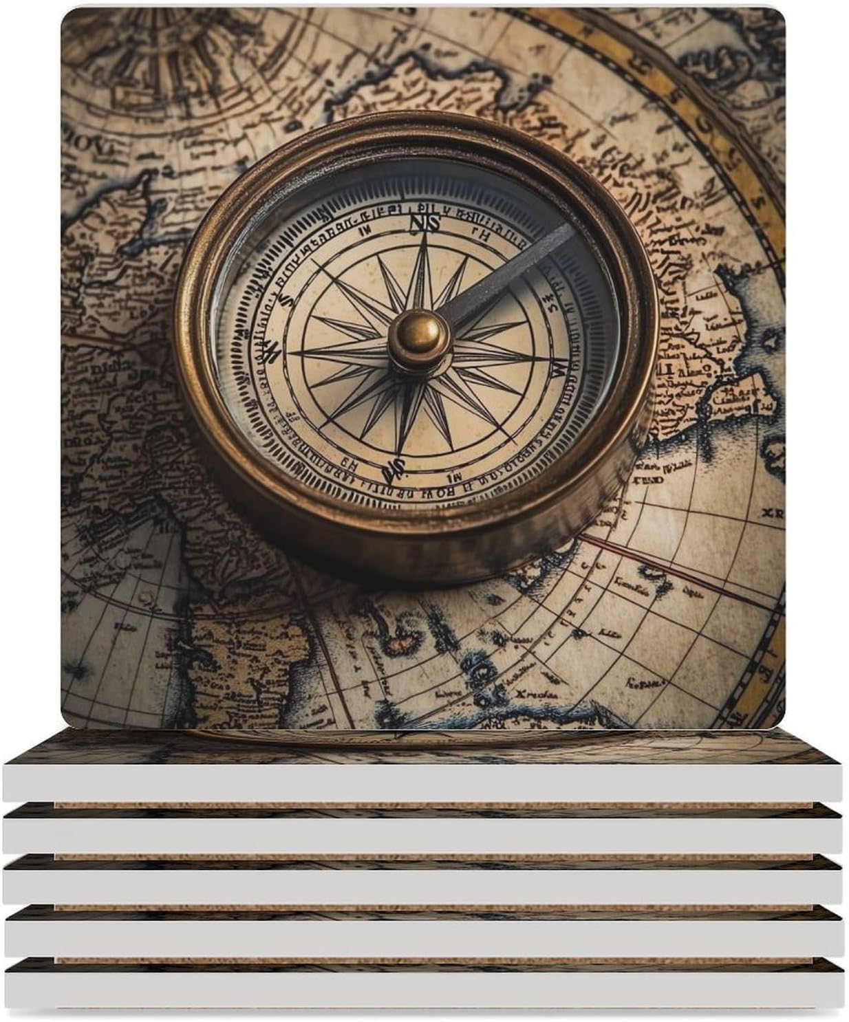 Nautical World Map Ocean Map Ceramic Coasters Set Square Drink Coasters Table Coaster for Kitchen Desktop Decor
