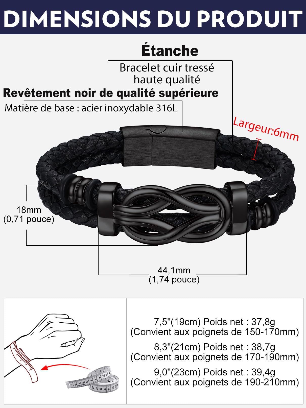 Bandmax Bracelet en Cuir Homme 19/21/23cm avec Carte Cadeau FR, DE, ES, IT - Bracelet Tressé Argenté/Noirt avec Nœud Concentrique, Cadeau pour Papa/Mari/Frère/Couple
