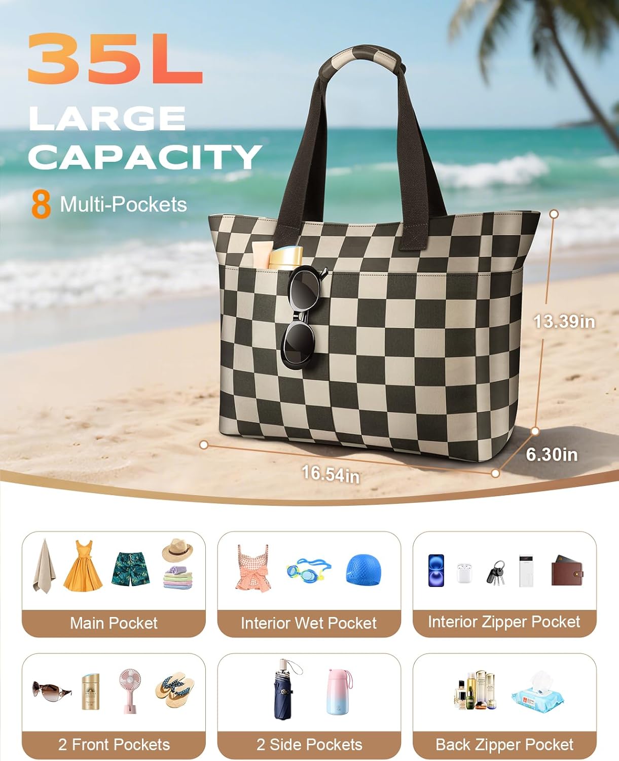 35L Large Beach Bag, Waterproof Sandproof Beach Bags for Women, Beach Tote Pool Bag with Zipper Wet Compartment - Image 4