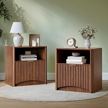 Evermagin Fluted Walnut Nightstand Set of 2