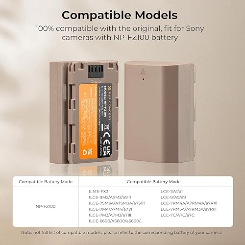 Miniatura 5 de K&F Concept Paquete de 2 baterías NP-FZ100, batería de repuesto con carga rápida tipo C para Sony A7iii A7Riii A7RIV A9 A6600 A6700 ZV-E1 FX3 FX30