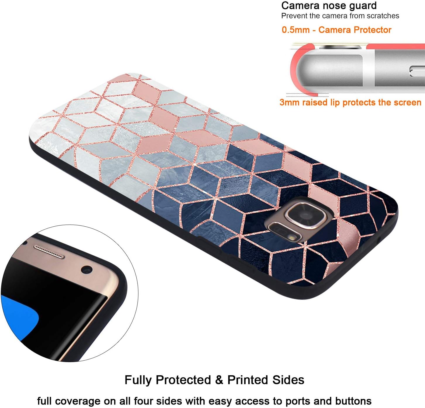 JAHOLAN Galaxy S7 Case Shiny Rose Gold Gradient Cubes Design Slim Flexible Bumper Glossy TPU Soft Rubber Silicone Cover Phone Case for Samsung Galaxy S7