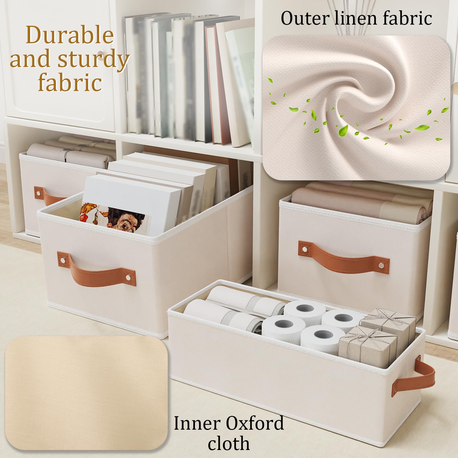 OUTBROS 6 Stück Aufbewahrungskörbe, 38x15.5x13cm Faltboxen, Beige | Aufbewahrungsbox Stoff, Boxen Aufbewahrung mit Griff Ordnungsboxen, Kleiderschrank organizer, Schubladen