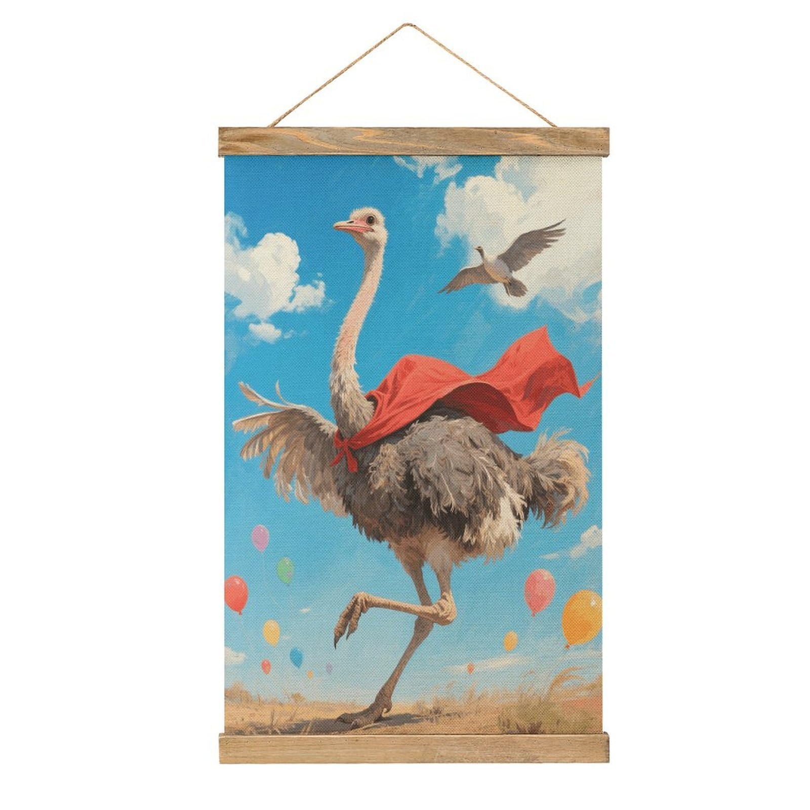 VstaDank Ostrich Hanging Poster with Wooden Frame Modern Linen Hanging Painting Retro Style Wall Decor Art Painting for Living Room,Bedroom Decor Poster Frame 20.4x13.1inch