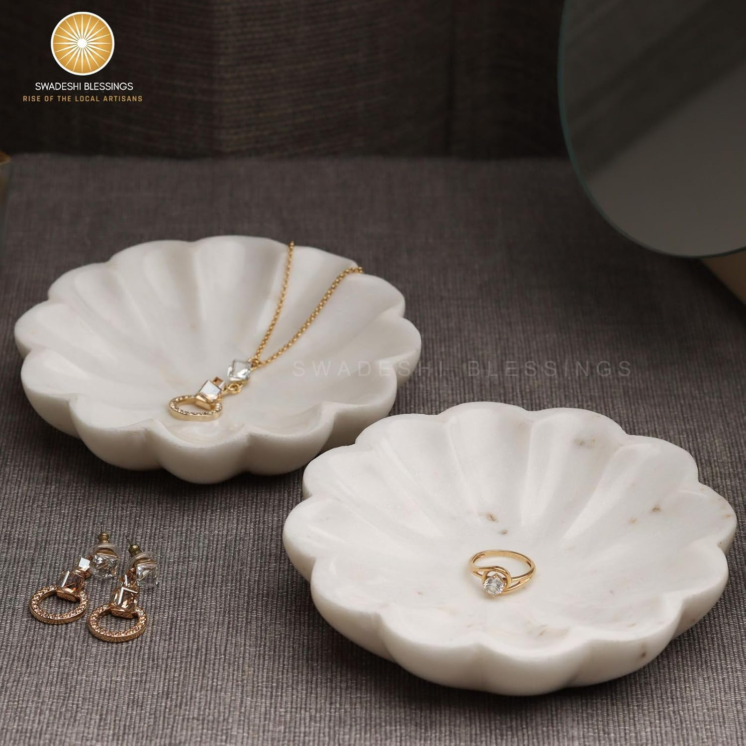 Handcrafted Marble Jewelry Tray, Decorative Trinket Dish for Rings Earrings Necklace Bracelet, Key Bowl, Ideal Gift for Mother Sister Daughter Friends, Birthday Wedding Christmas 5"