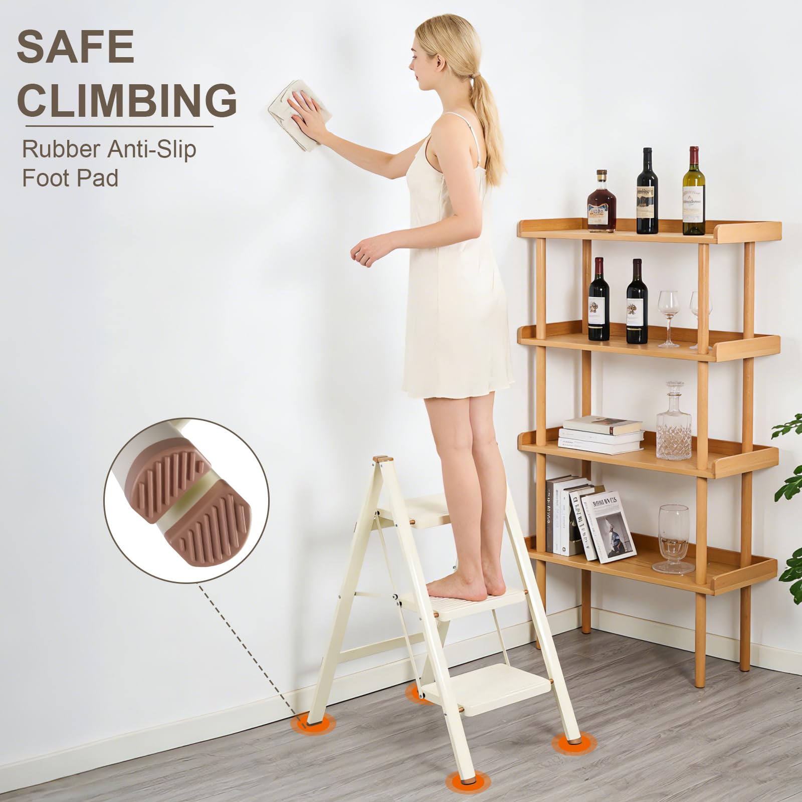 Valeo 3 Step Ladder,Lightweight Folding Step Stool with Wide Anti-Slip Pedal, 330LBS Capacity, Heavy Duty,Sturdy Iron Metal Step Stool for Home, Kitchen, Closet, Adults, Cream White - 3