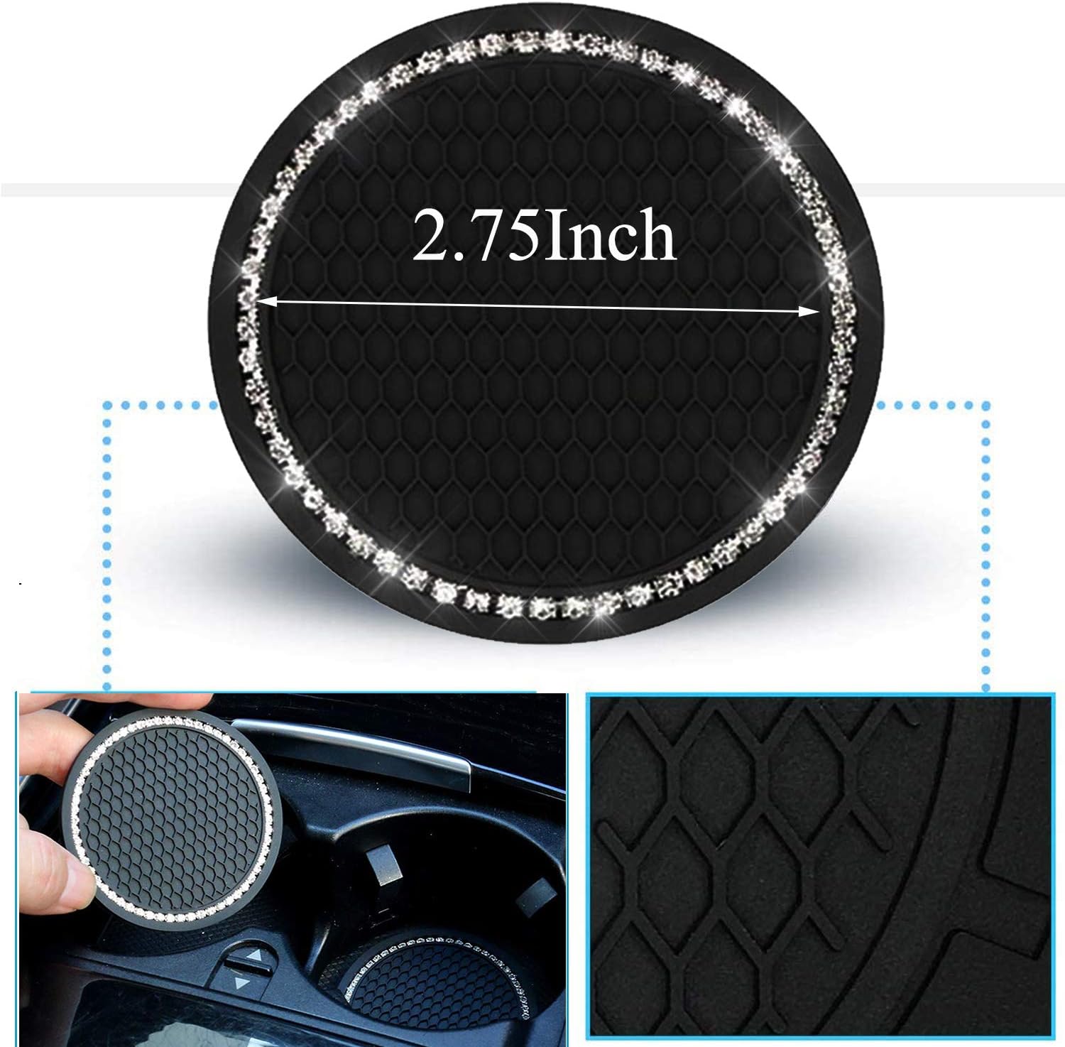 2PCS Bling Car Cup Coaster, Bling Car Accessories 2.75 inch,Rhinestone Anti Slip Insert Coaster, Suitable for Most Car Interior, Car Bling for Women,Party,Birthday Black-Clear Rhinestones