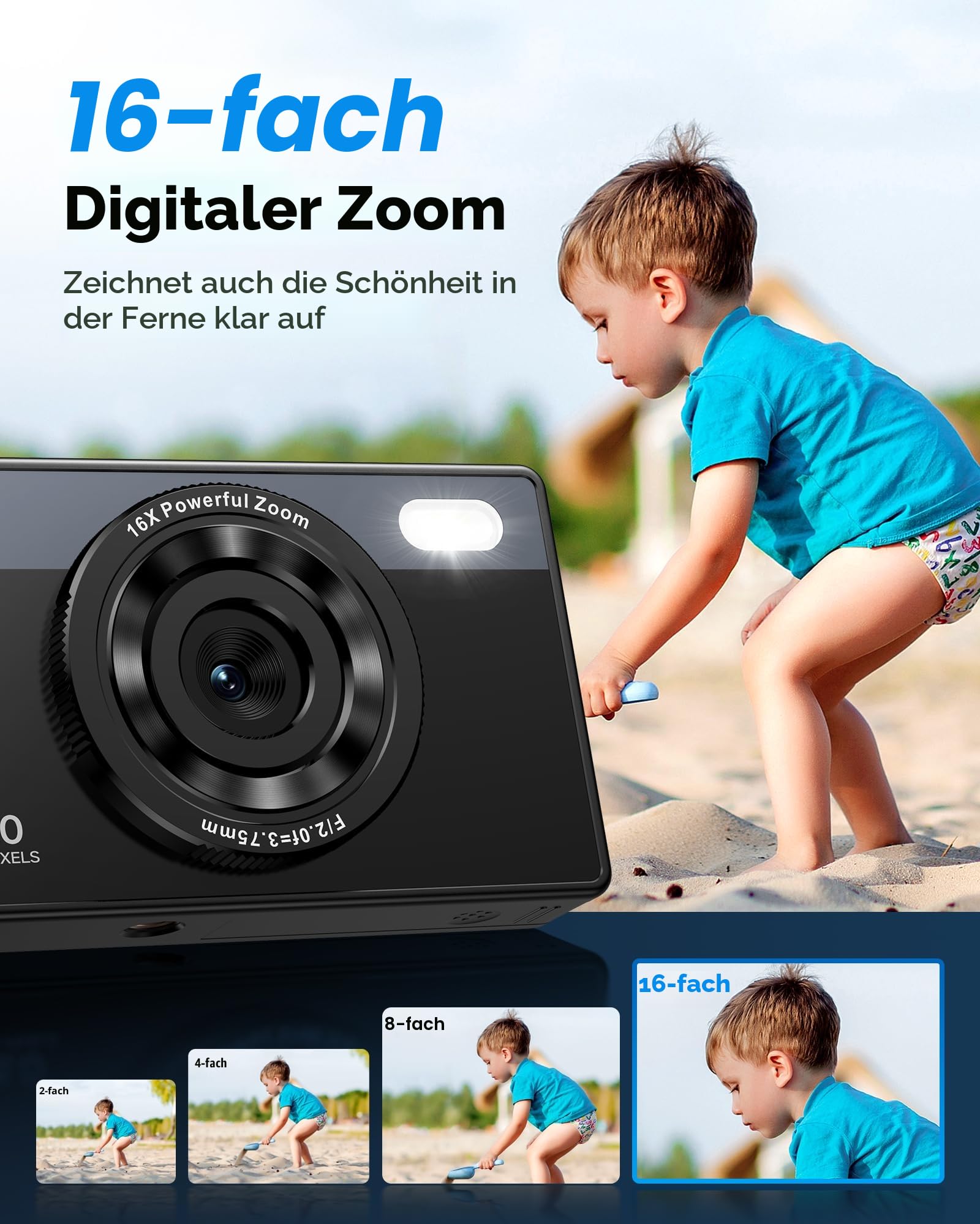 64GB Digitalkamera Kinder Fotokamera: 48MP Anti-Shake Kinderkamera Foto, Vlogging Fotoapparat für YouTube 16X Digital Zoom Appareil Foto Serienaufnahme Selfie Kompaktkamera für Fotografie