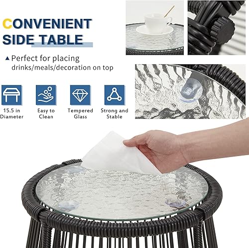 Miniatura 4 de EROMMY Juego de 3 piezas para conversación de patio, muebles seccionales en forma de L con cojines gruesos y mesa auxiliar de vidrio templado para