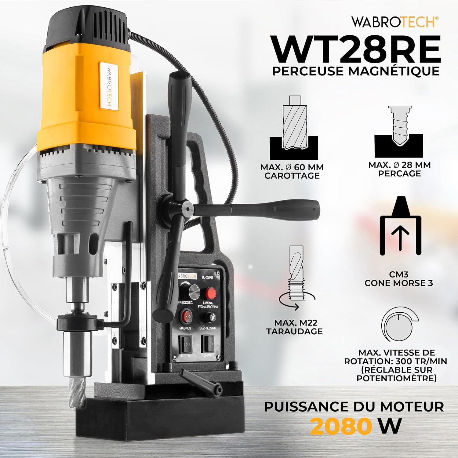 Perceuse Magnétique Carotteuse Fraiseuse Colonne Électro-Aimant WT28RE, FI 60 MM SET 3 (2.080 W, 300 tr/min, Ø Carottage max. 60 mm,Ø Diamètre de perçage(plein): 28mm) +