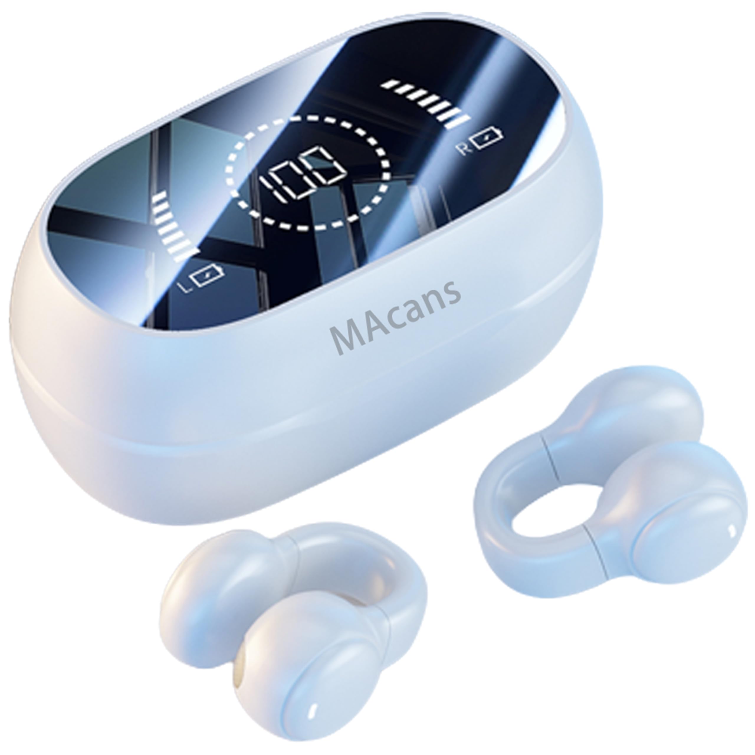 Wireless Earbuds Open Ear Clip Headphones Air Conduction Earbuds LED Power Display Earphones Sport Bluetooth 5.3 Headphones (White)