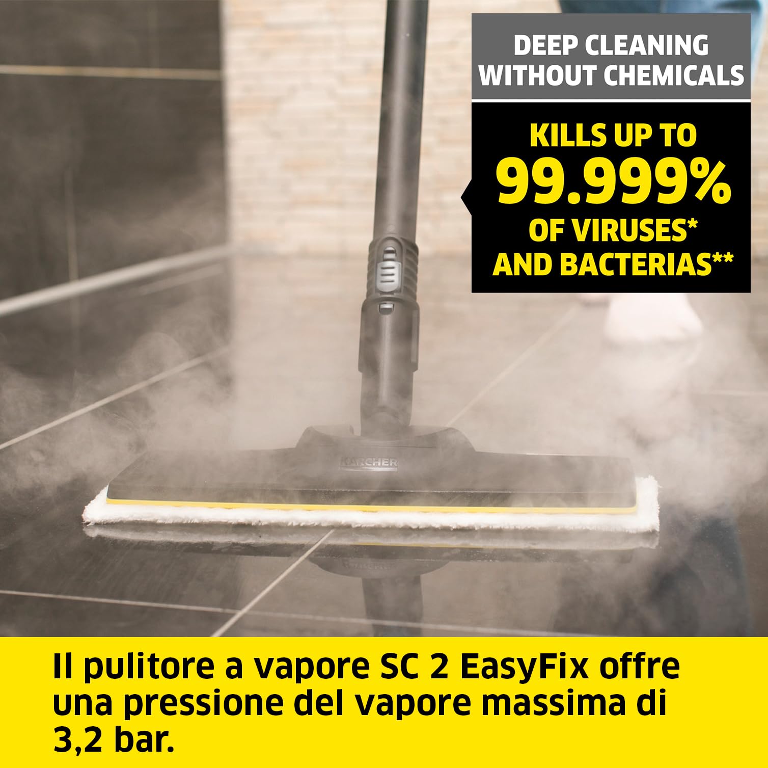 Kärcher Pulitore a Vapore SC 2 EasyFix, Pronto in 6,5min, 1500 W, Serbatoio 1 litro, Area 75m², Include Bocchetta pavimenti e panno EasyFix, Bocchetta Manuale e Panno, Spazzola Tonda