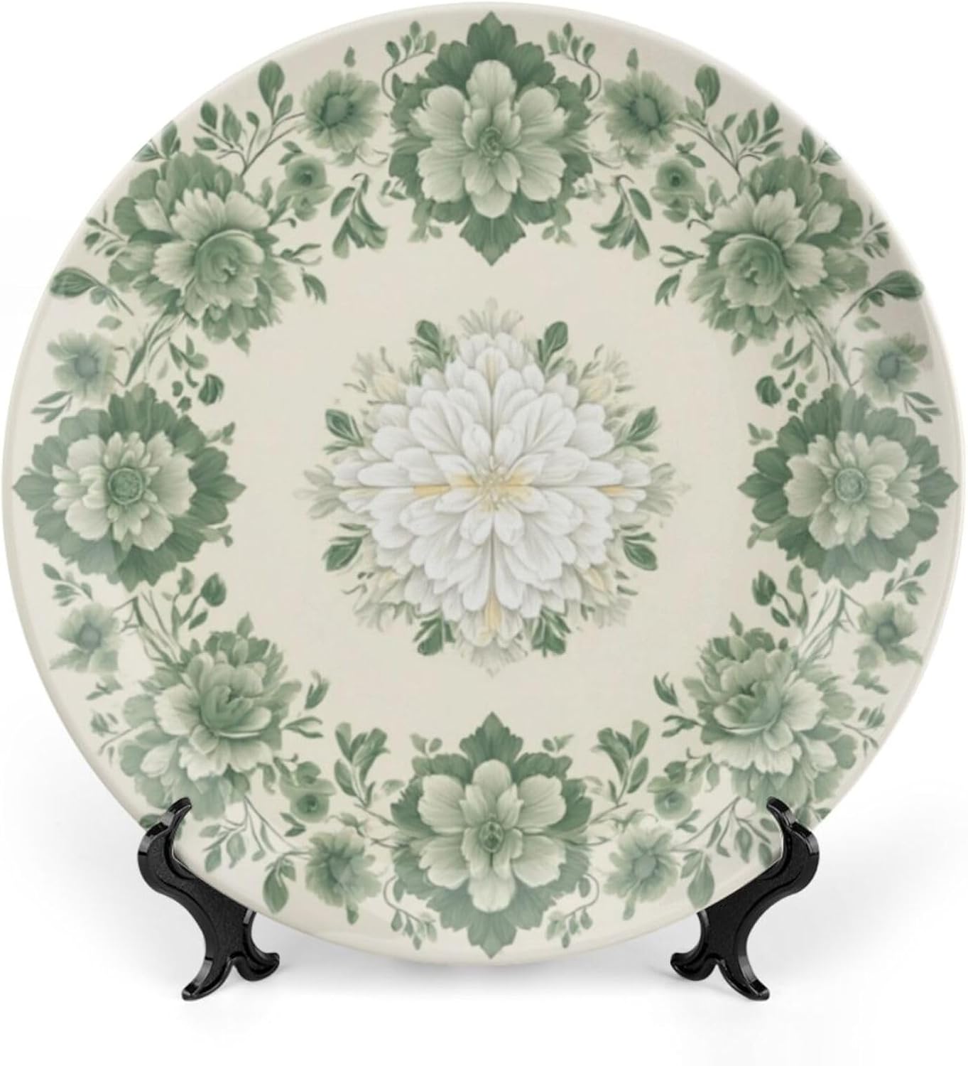 Flowers theme Decorative Ceramic Plate Round Porcelain Plate,10 inch,Botanical watercolor pattern,for Decorative Ornaments Giving Plates,1 Plate with 1 Display Stand,Green White