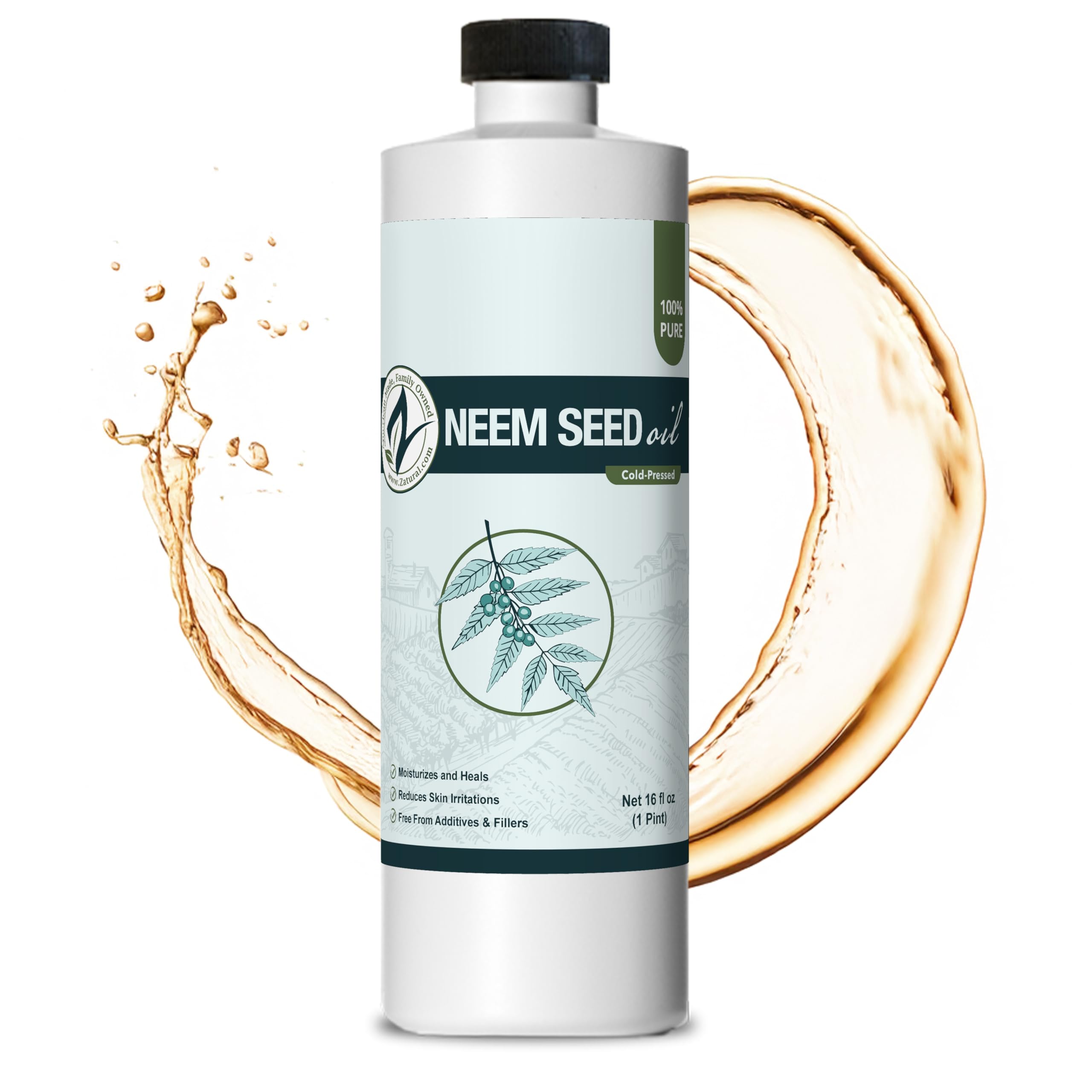 Zatural Organically Grown Neem Seed Oil 100% Pure Cold Pressed for Hair, Skin, Nails, Garden & Pets (16oz)