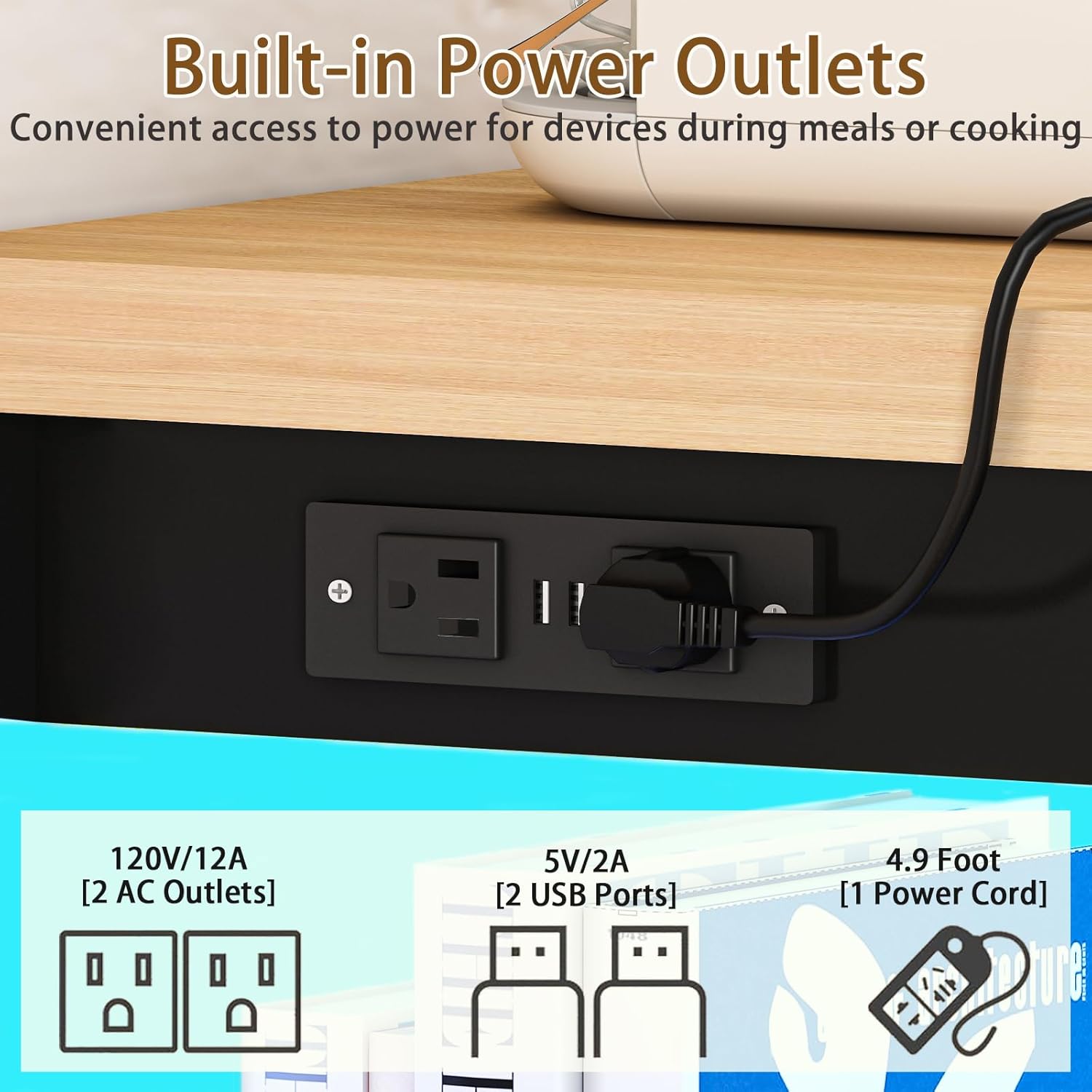 84’’ Rolling Kitchen Island with Swivel Table, Islands Cart with LED Lights, Power Outlet, Movable Storage Cabinet with Side Tabletop on Wheels, for Living Room, Home Bar, Black