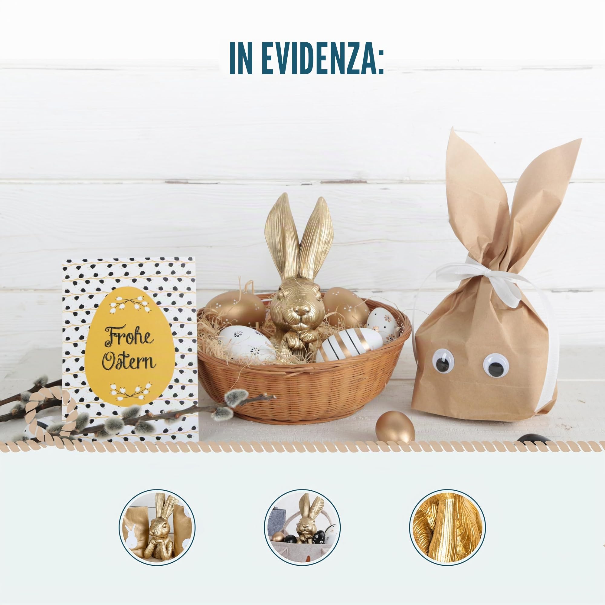 Set da 2 conigli pasquali decorativi in oro, 17 cm: eleganti coniglietti pasquali in polyresin per decorazioni pasqua moderne, centrotavola pasquale e idee regalo per casa, tavolo e ingresso