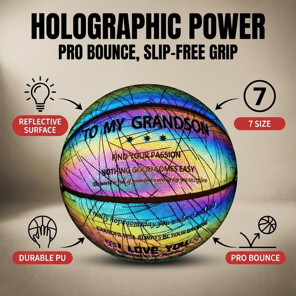Engraved Basketball for Son Grandson Glow in The Dark & HolographicReflective 29.5 Inch with Air Pump, Personalized Gift Christmas Birthday Show Love