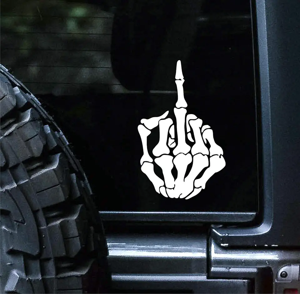 Sunset Graphics &amp; Decals Skull Skeleton Bone Middle Finger Flipping Off Car Decal Sticker | Cars Trucks Vans Walls Laptop | White | 6 inch | SGD000069