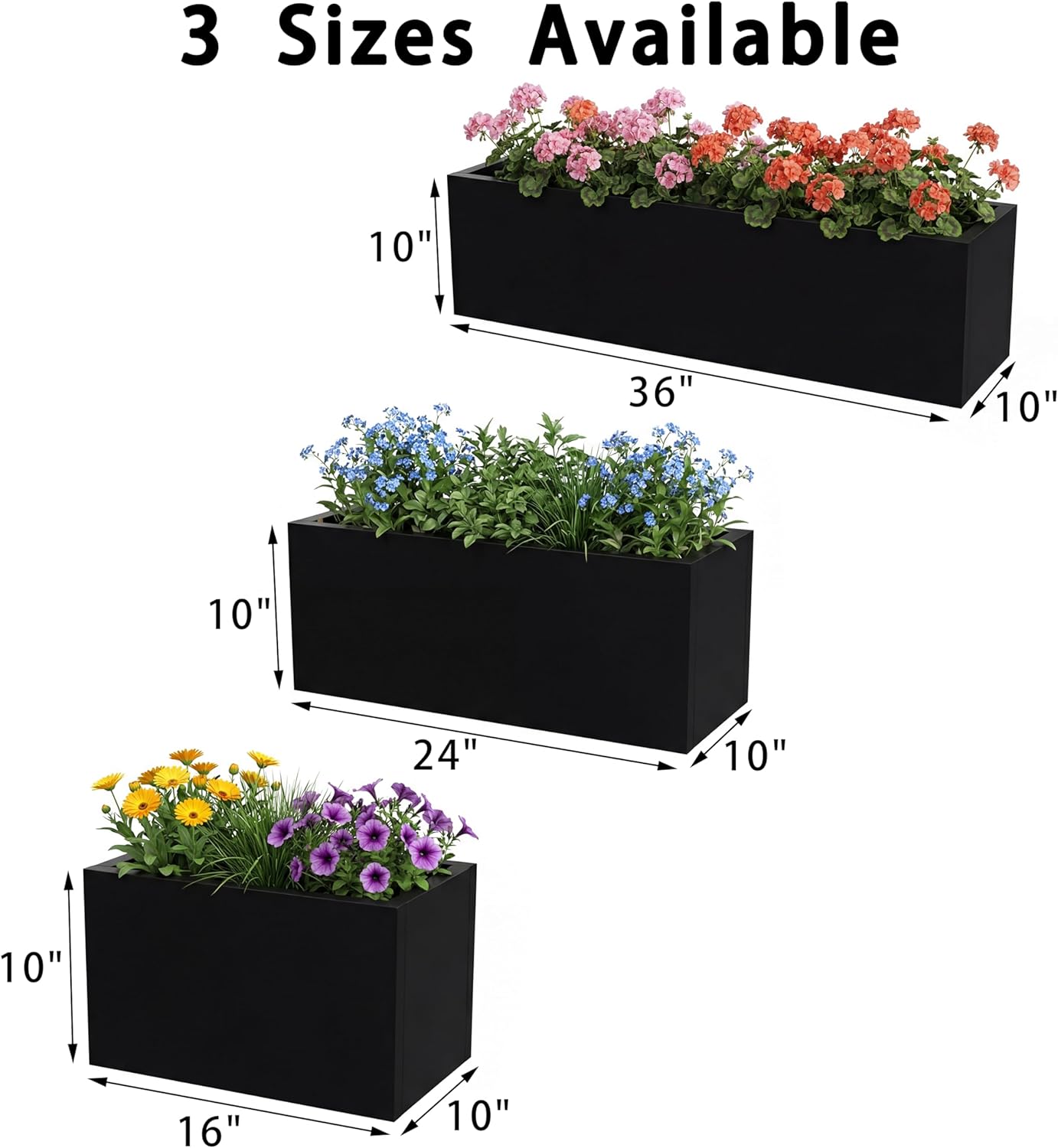 Casaphoriar Metal Planter Box 36"x10"x10", Rectangular Planter and Drainage Holes, Perfect for Outdoor Patio and Balcony Decor, Black(Set of 2)