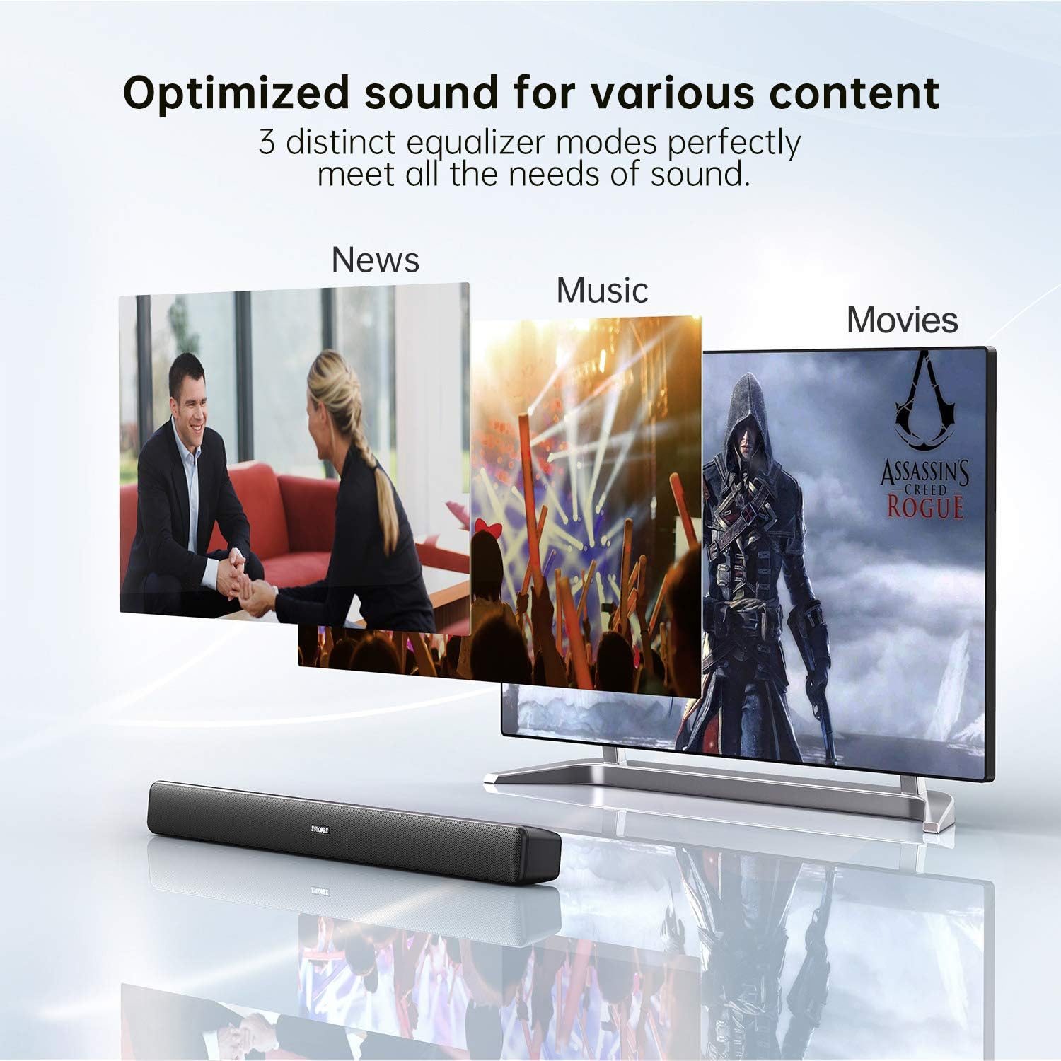 SAKOBS soundbar with three equalizer modes: News, Music, Movies