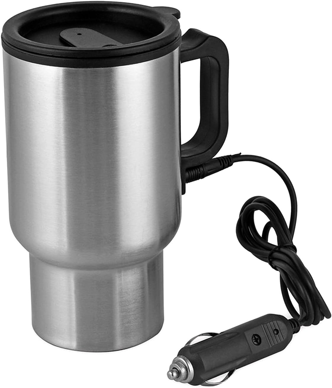 Carperipher 12V Car Heated Mug Tech Tool Stainless Steel Travel Electric Cup Vacuum Thermos Smart Temperature Control for Heating Water, Coffee, Milk and Tea with Airtight Lid, Auto Charger